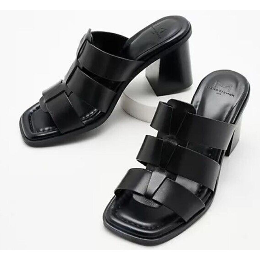 New Marc Fisher LTD Louisa Leather Block Heel Slip On Mules Woven Black Size 11M